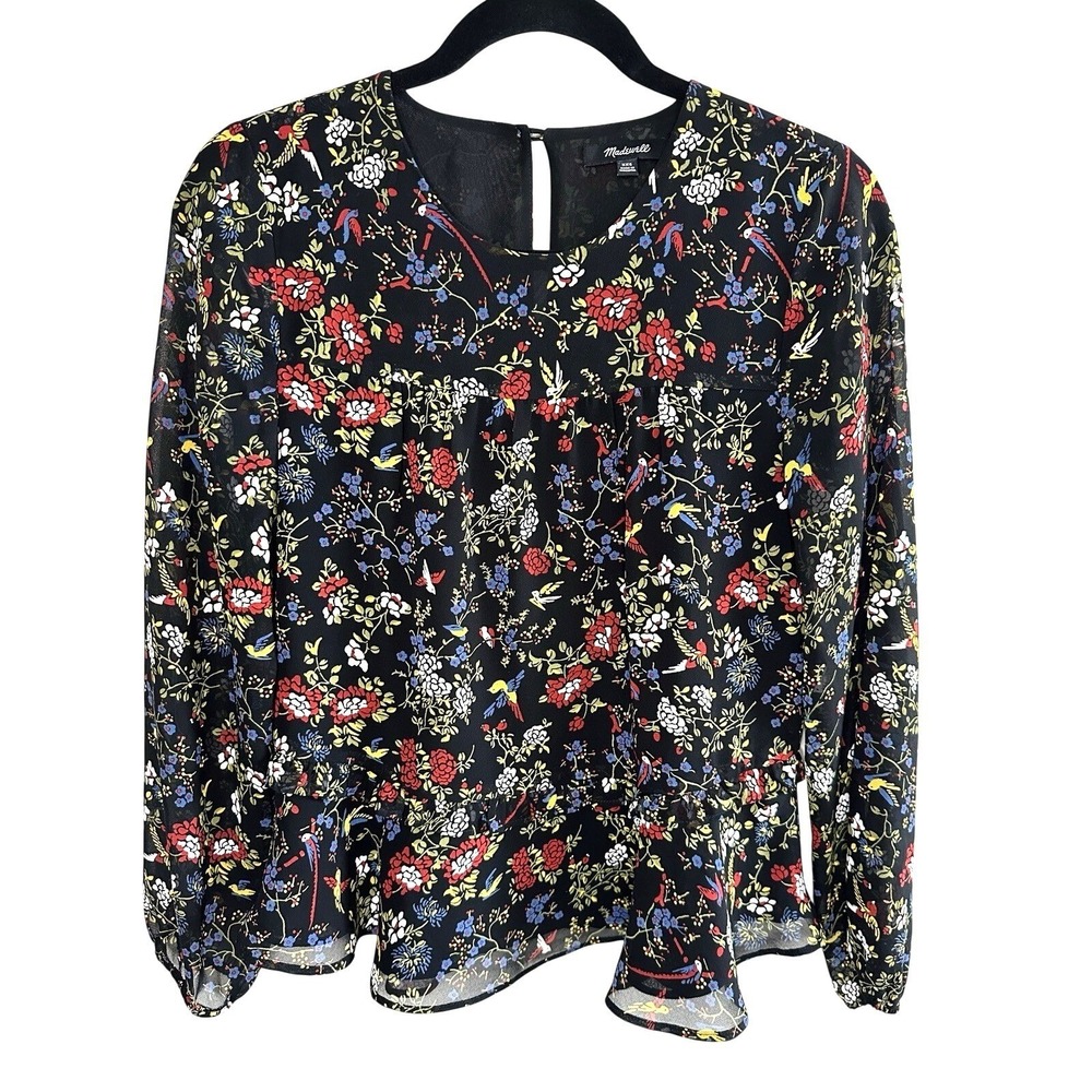 Madewell XXS Black Floral Bird Print Chiffon Peplum Top Long Sleeve Sheer Blouse